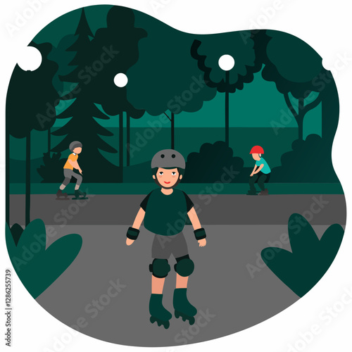 Children rollerblading on a path in a park