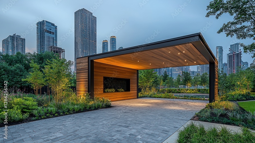 Modern Wooden Structure in Urban Park with Cityscape Background Modern Wooden Structure in Urban Park with Cityscape Background