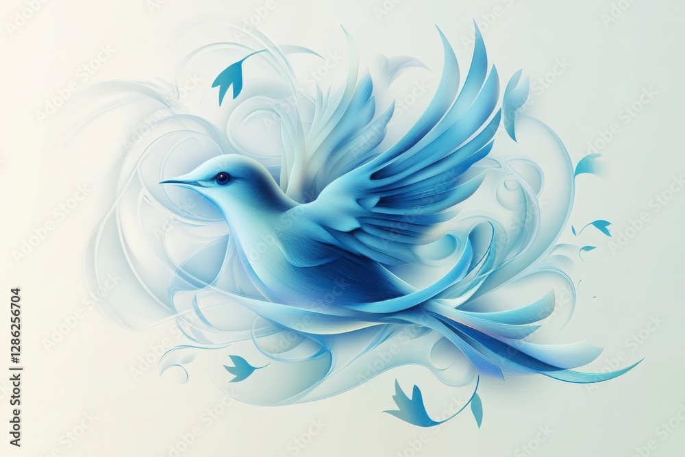 Fototapeta premium Blue Bird in Flight Amidst Delicate Floral Swirls, Watercolor Style