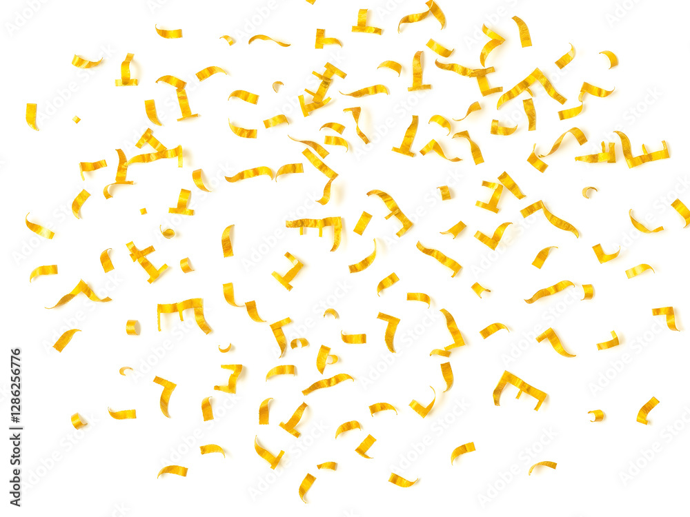 Shiny golden confetti pieces scattered on a white background, symbolizing festivity and joy. Generative AI Shiny golden confetti pieces scattered on a white background, symbolizing festivity and joy. Generative AI