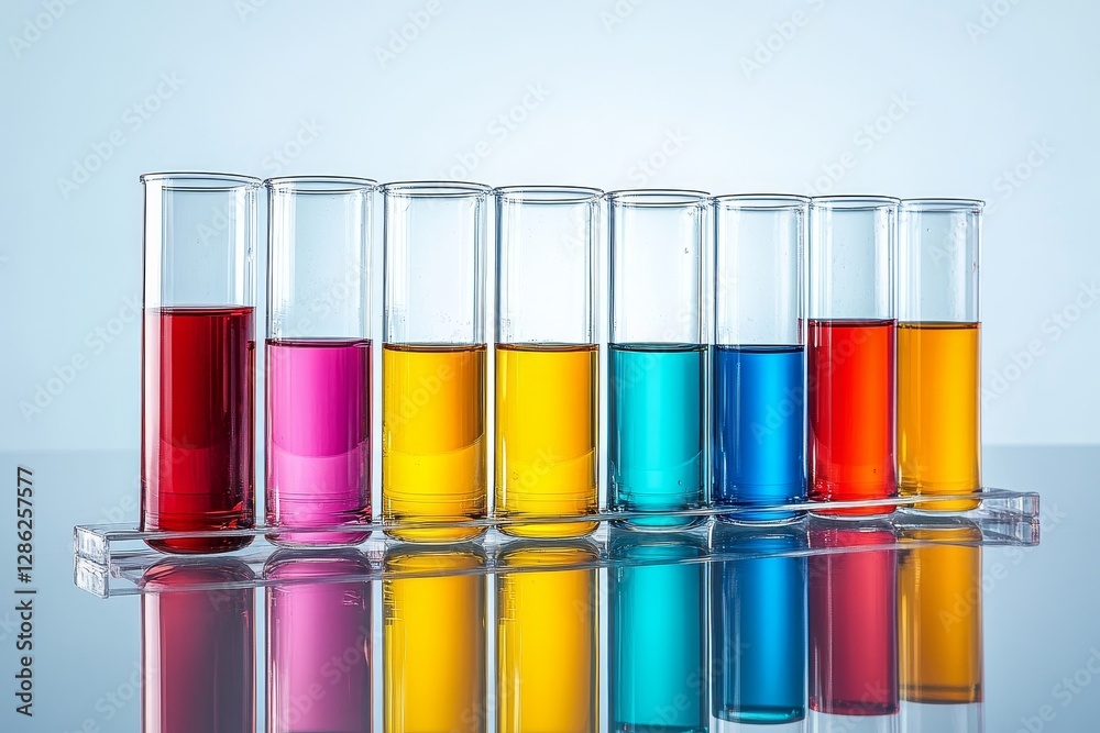 Colorful test tubes filled with various liquids lined up on a reflective surface in a laboratory setting Colorful test tubes filled with various liquids lined up on a reflective surface in a laboratory setting