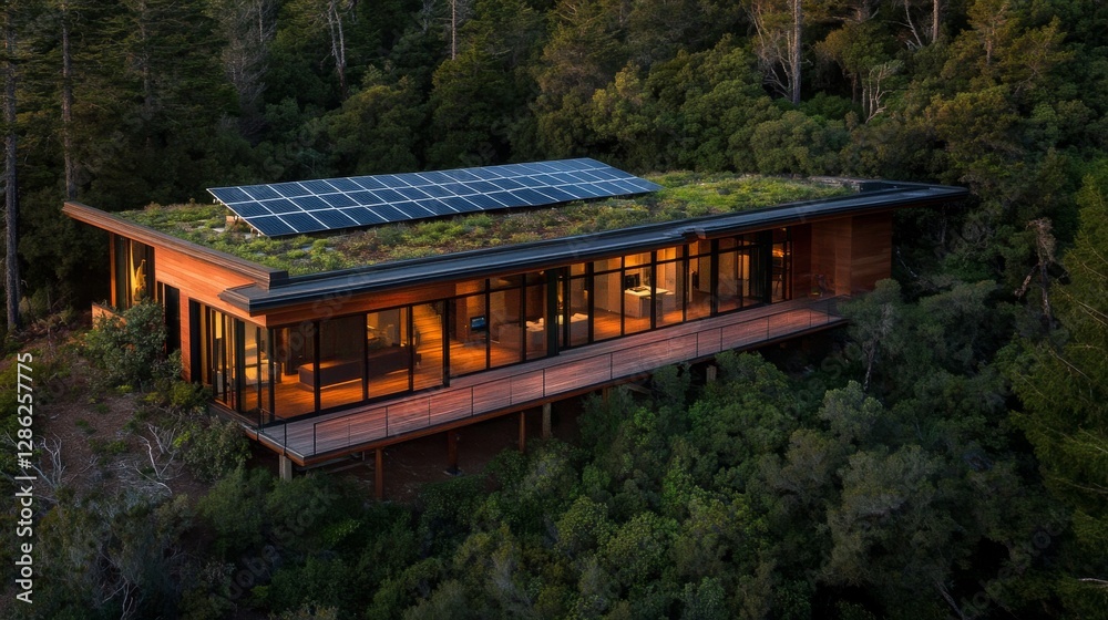 Fototapeta premium Aerial view reveals a modern eco-home nestled in lush greenery, featuring a living green roof and solar panels shining in the afternoon sunlight
