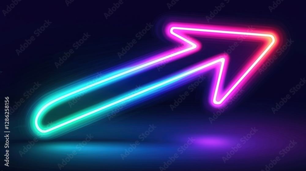 A vibrant neon arrow sign glowing in blue, pink, and green against a dark background. A vibrant neon arrow sign glowing in blue, pink, and green against a dark background.