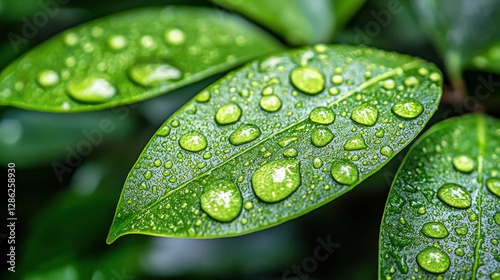 Closeup of a leaf embellished with brilliant water droplets reflecting natural beauty