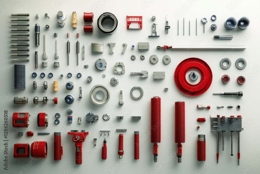 Red Industrial Components Arranged in a Creative Flat Lay Composition on a Neutral Background Red Industrial Components Arranged in a Creative Flat Lay Composition on a Neutral Background