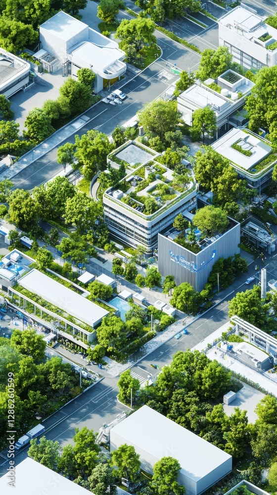 Fototapeta premium Urban drone view of recycling facilities demonstrating circular economy principles and sustainable resource flow