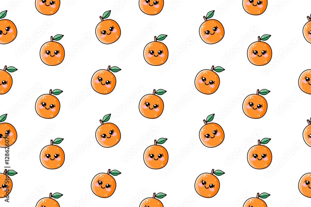 Fototapeta premium Cute summer seamless pattern with kawaii face lovely orange. Sweet design for kids clothes with fruits characters on white isolated background