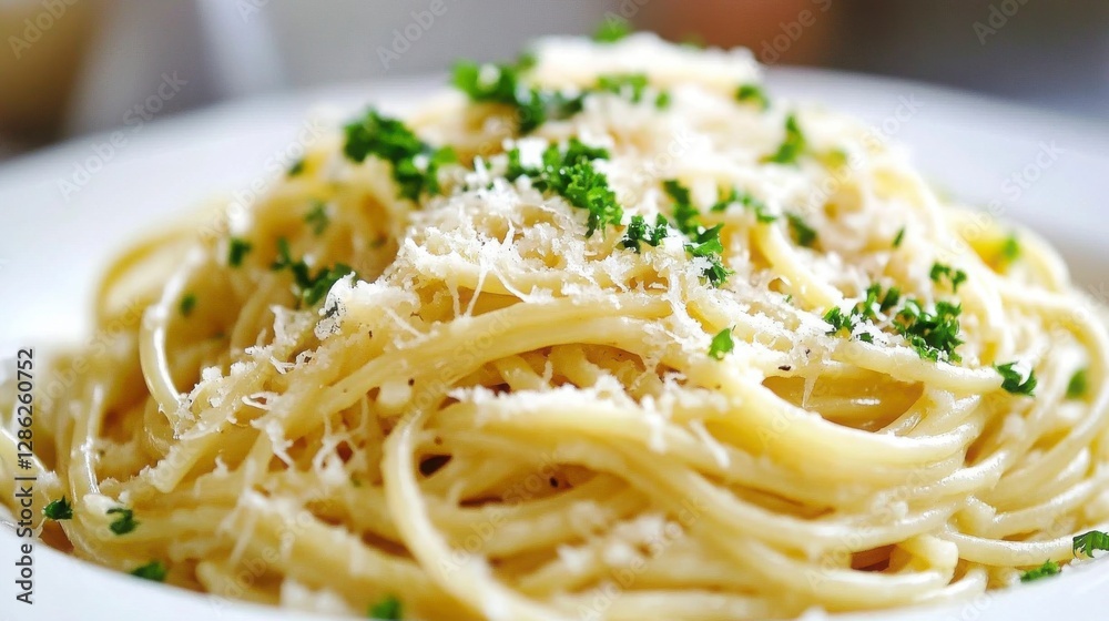 Close Up Of Creamy Spaghetti With Parmesan And Herbs Sauce On Plate With Detailed Shot Of Food Dishes For Lunch Meal Menu Item Photography In Restaurant Or Home Kitchen Cookbook Serving Concept With Close Up Of Creamy Spaghetti With Parmesan And Herbs Sauce On Plate With Detailed Shot Of Food Dishes For Lunch Meal Menu Item Photography In Restaurant Or Home Kitchen Cookbook Serving Concept With