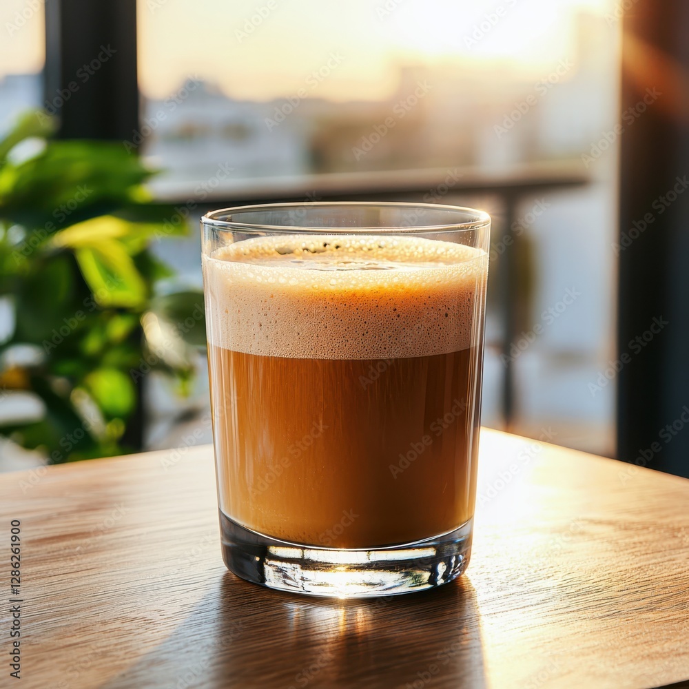 Gut health beverage on a wooden table softly lit by evening light drink photography cozy environment slight angle view for warmth Gut health beverage on a wooden table softly lit by evening light drink photography cozy environment slight angle view for warmth