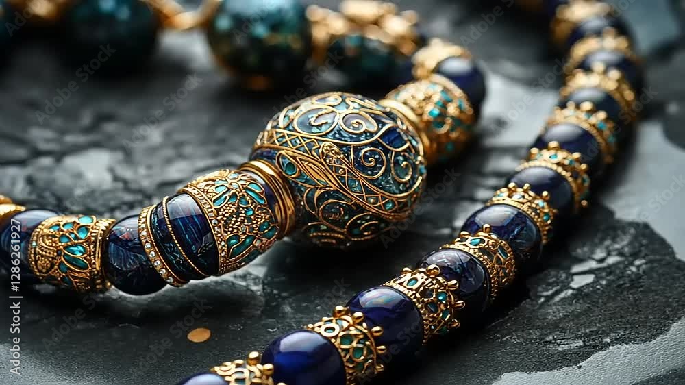 A close-up of intricate jewelry featuring ornate designs and vibrant gemstones.