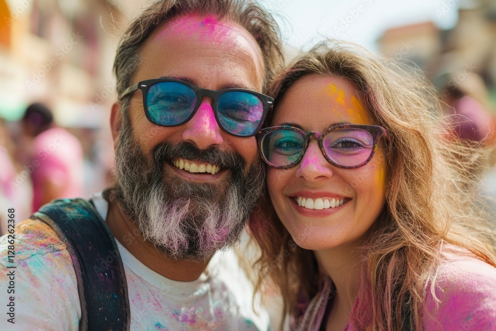 Happy couple enjoying holi festival, covered in colored powder and wearing sunglasses Happy couple enjoying holi festival, covered in colored powder and wearing sunglasses