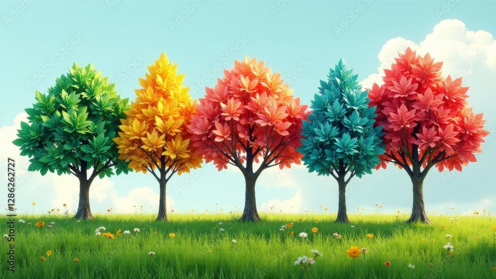 Naklejka premium Vibrant foliage of uniquely colored trees standing in a lush green meadow under a bright sky