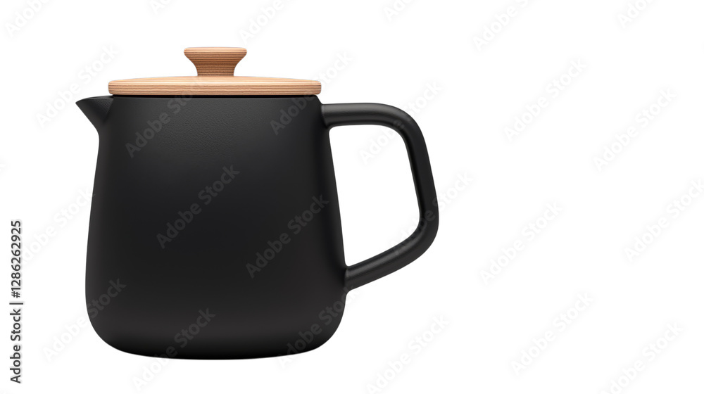Modern black ceramic teapot with wooden lid and handle isolated on transparent background Modern black ceramic teapot with wooden lid and handle isolated on transparent background
