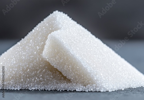 Close up view of white granulated sugar forming a pyramid shape on a dark gray surface. The sugar crystals are highly visible, and the lighting
