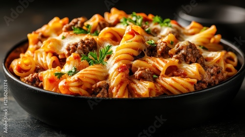 A flavorful bowl of pasta showcasing rich meat sauce and creamy cheese, perfect for sharing comfort food experiences filled with warmth and satisfaction among loved ones.