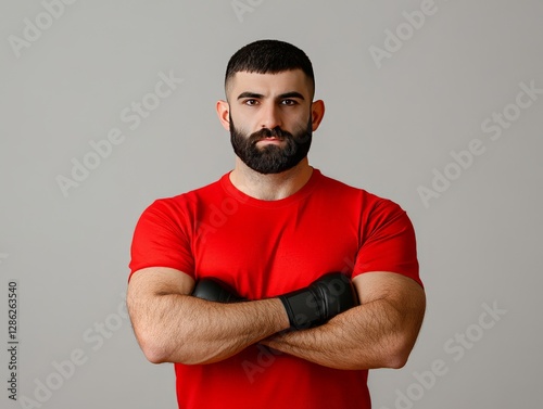 Strong bearded male athlete in red sportswear with arms crossed exuding power confidence and discipline against grey studio background representing self belief and commitment to training excellence photo