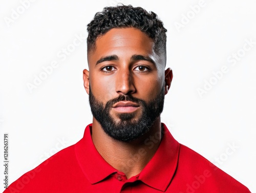Stylish bearded man in red polo shirt with strong confident gaze and well groomed appearance embodying self assurance masculinity and modern elegance in high resolution portrait photography