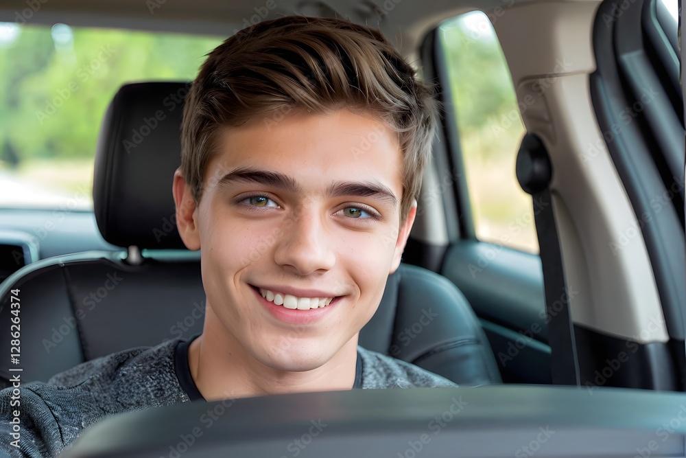 A young man in a car smiling against a blurred background with copy space A young man in a car smiling against a blurred background with copy space