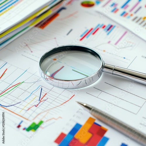 Financial Analysis with Magnifying Glass and Pen on Charts and Graphs for Business Strategy