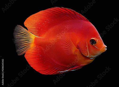 Beautiful, colorful discus fish swimming in the water, with an orange and white patterned, red color of small, 