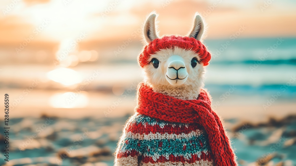 Fototapeta premium A cute stuffed llama plushie in a festive holiday sweater and scarf on beach background