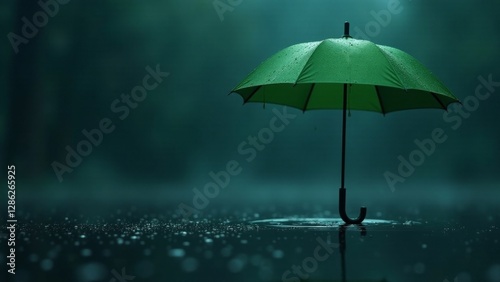 Wallpaper Mural A solitary green umbrella stands in a puddle, reflecting the somber atmosphere of a rainy night, symbolizing resilience and quiet contemplation in the face of adversity. Torontodigital.ca