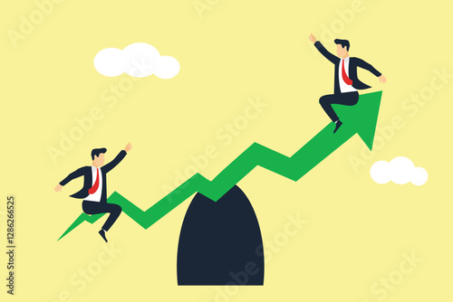 Investment stock market volatility, financial asset value going up and down or profit growth rising up concept, businessman sit on balance seesaw green arrow graph lift up other guy soaring.