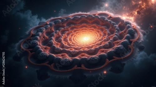 A galactic superstructure of millions of stars arranged in a fractal pattern, gravitational forces shaping vast cosmic architecture in deep space.
