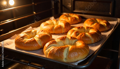 Freshly baked bagels in oven