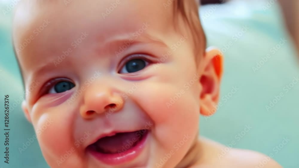 A joyful baby with striking blue eyes beams a wide smile while sitting comfortably in a warm and inviting indoor space. The happiness is palpable as the little one embraces the moment with glee. A joyful baby with striking blue eyes beams a wide smile while sitting comfortably in a warm and inviting indoor space. The happiness is palpable as the little one embraces the moment with glee.