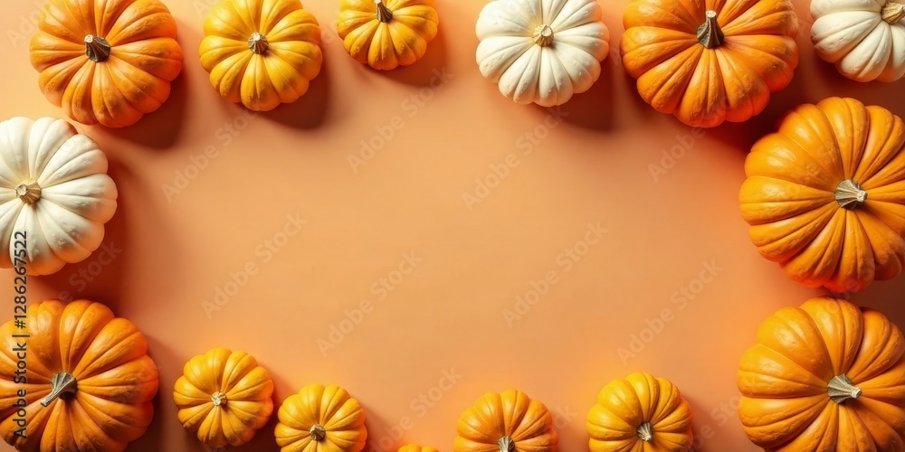 Fototapeta premium Autumnal Harvest A Festive Frame of Orange and White Pumpkins on a Warm Background