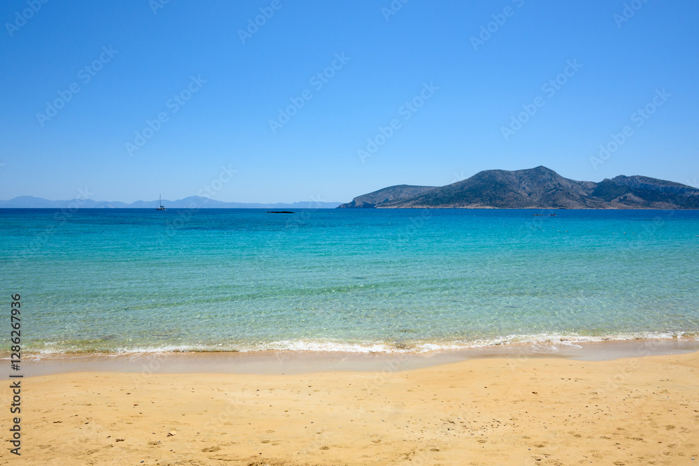 Ano Koufonisi. Finikas beach with sand and azure sea water. Small Cyclades, Greece