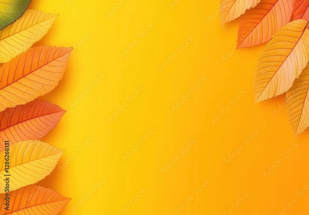 Fototapeta premium Autumn leaves border on yellow background. Vibrant fall foliage arranged on bright orange surface. Space for text or design