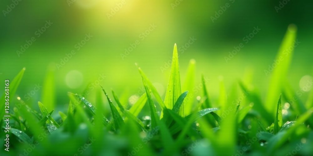 Obraz premium Vibrant Green Blades of Grass Glistening with Morning Dew Under the Warm Sunlight, a Close-Up View of Nature's Serenity