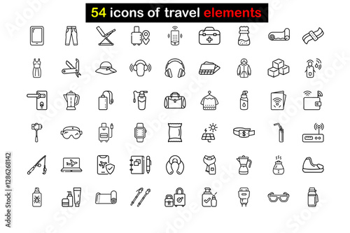 54 Travel Icons Set – Outline Vector Symbols for Tourism & Adventure