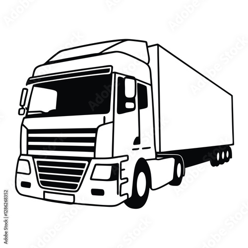 Simple black and white illustration of a semi-truck., AI Generated