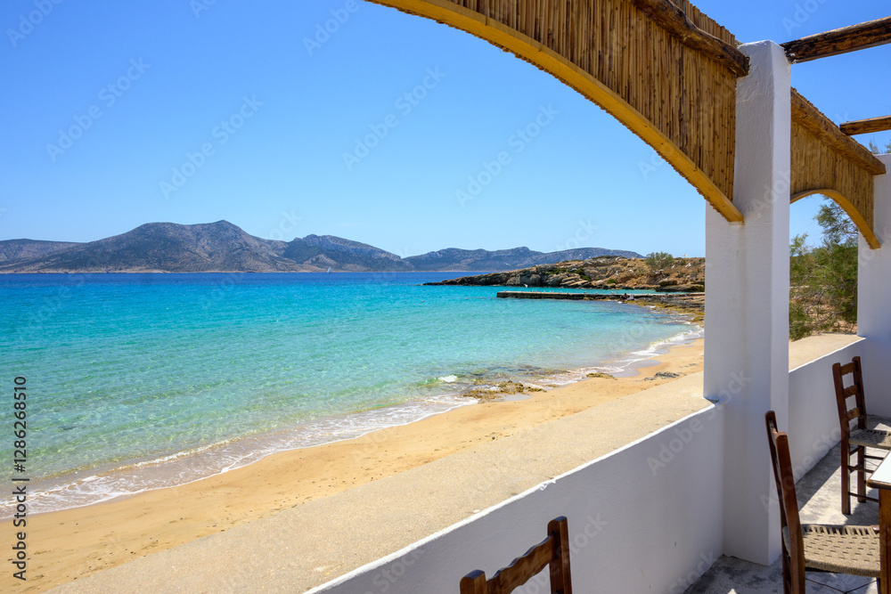 Ano Koufonisi. Finikas beach with sand and azure sea water. Small Cyclades, Greece