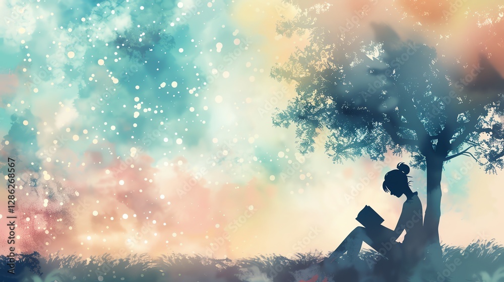 A young woman reading a book under a tree. A young woman reading a book under a tree.