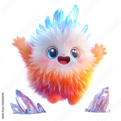 A Fluffy 3D Cartoon Character Discovering Glowing Crystals Isolated on Transparent Background