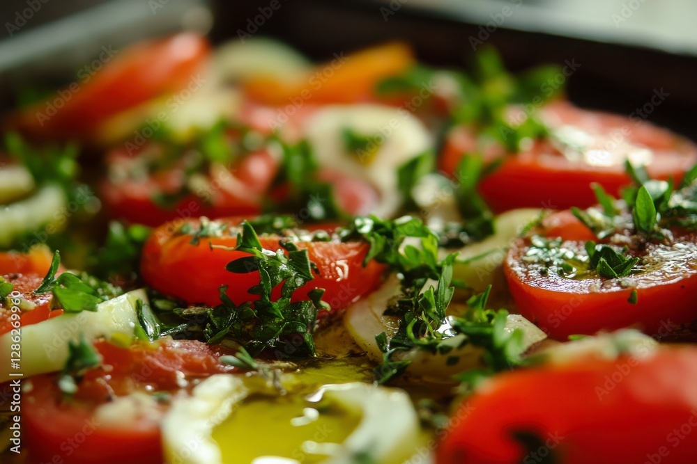 Closeup Of Roasted Tomatoes With Onions And Herbs On A Baking Sheet Closeup Of Roasted Tomatoes With Onions And Herbs On A Baking Sheet