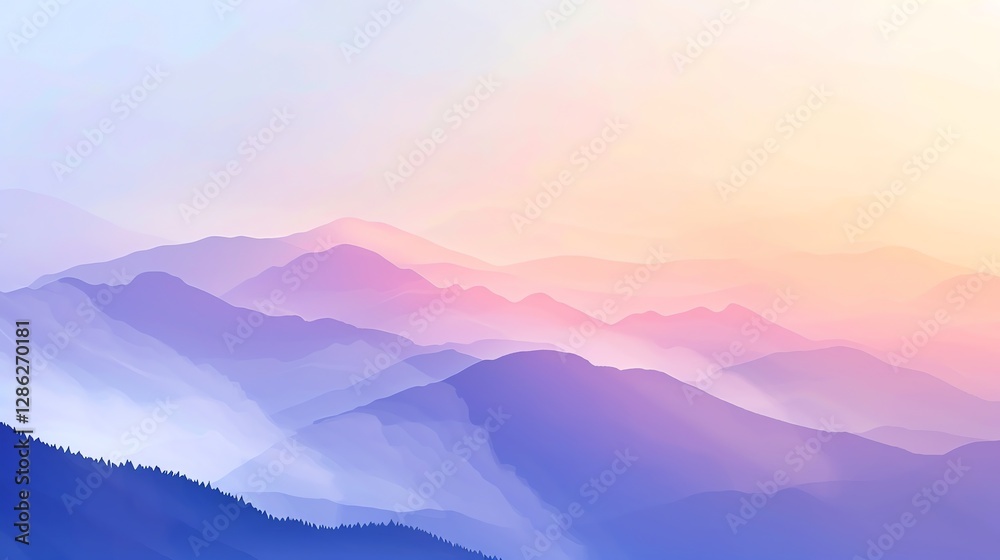 A soft, abstract illustration of a mountain range in shades of pink, purple, and blue. A soft, abstract illustration of a mountain range in shades of pink, purple, and blue.