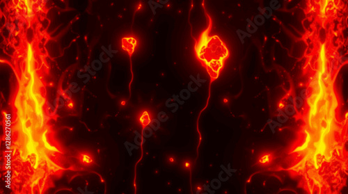 Fiery lava texture background with molten rock patterns and intense red-orange glow.