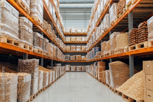 Overflowing warehouse of packaged grains agricultural goods storage industrial environment low angle view overstocked inventory