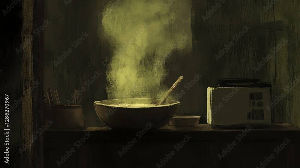 Cooking Pot with Steam in Dimly Lit Kitchen Setting at Night Cooking Pot with Steam in Dimly Lit Kitchen Setting at Night
