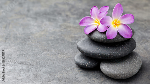 Calming stones stacked with vibrant purple flowers for wellness