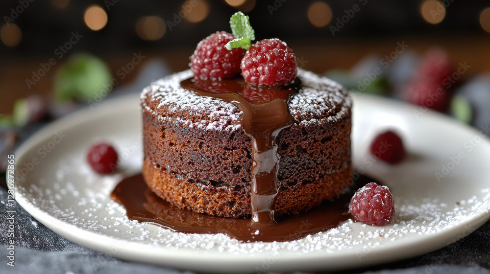 Decadent chocolate lava cake with molten center, topped with fresh raspberries and mint leaves, served on white plate. delightful dessert experience Decadent chocolate lava cake with molten center, topped with fresh raspberries and mint leaves, served on white plate. delightful dessert experience