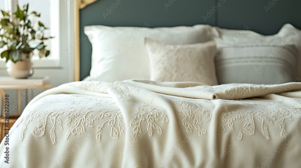 A fleece blanket with delicate embroidery styled in a vintage bedroom A fleece blanket with delicate embroidery styled in a vintage bedroom