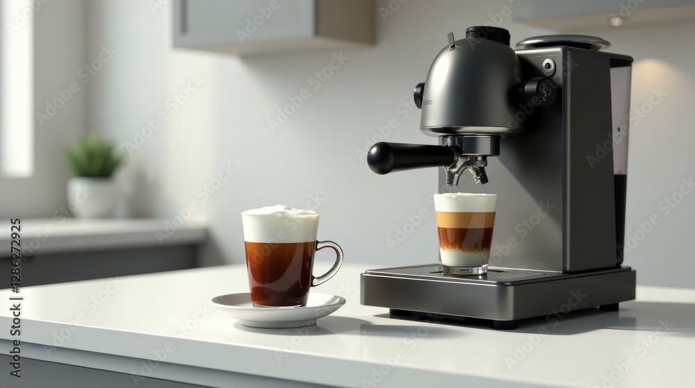 Modern Espresso Machine Brewing Two Delicious Cappuccinos in a Bright Kitchen Modern Espresso Machine Brewing Two Delicious Cappuccinos in a Bright Kitchen