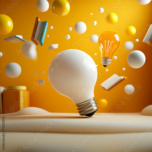 A creative concept featuring light bulbs and books against a vibrant yellow background, symbolizing ideas and innovation.