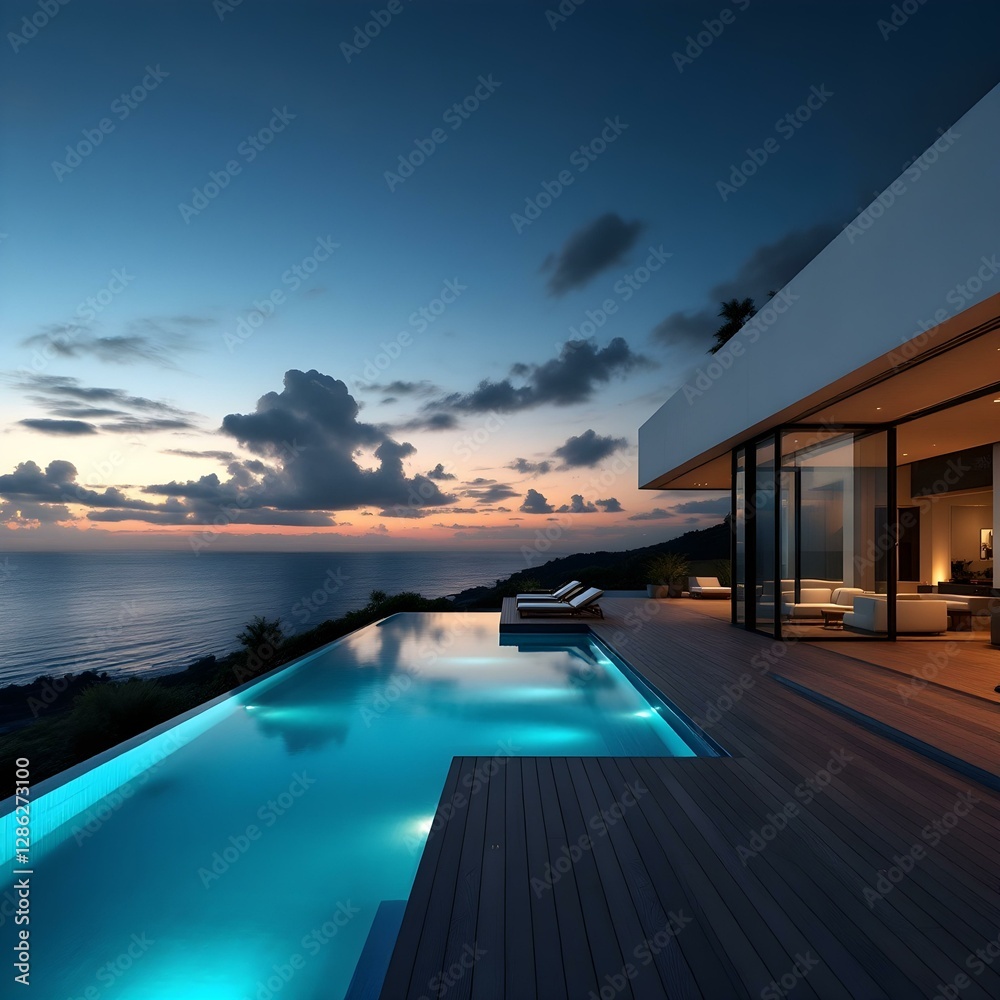 Fototapeta premium Luxury villa, infinity pool, ocean view, sunset, modern architecture, floor-to-ceiling windows